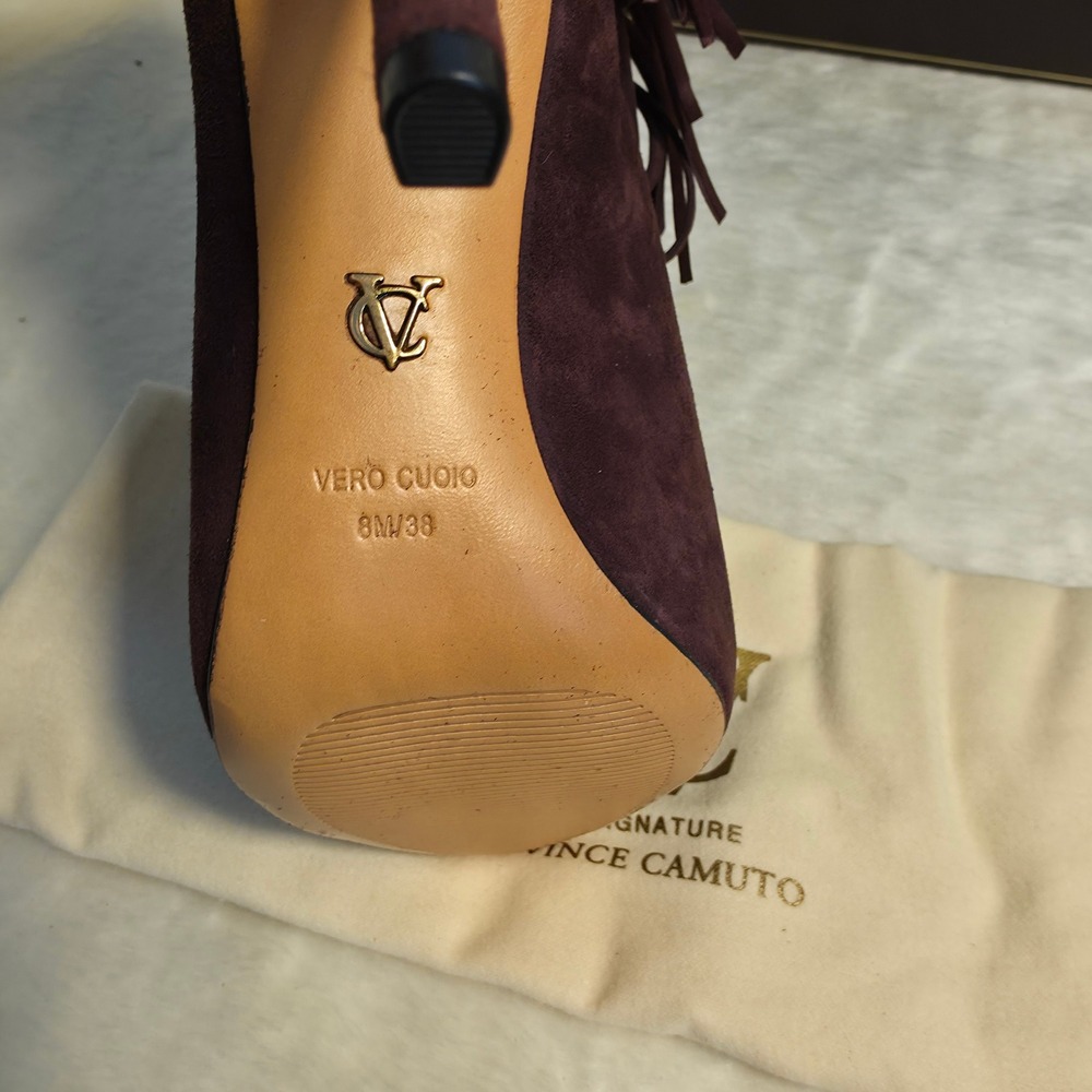 Vince Camuto Signature Fringe Bootie Heels Wine Burgundy Suede Womens 8M NEW - Picture 5 of 10